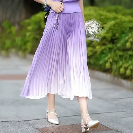 渐变紫百褶半身裙女夏季2025新款高腰气质a字半身裙显瘦中长裙子图片