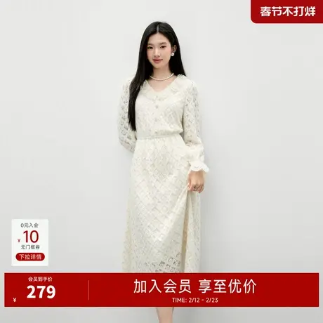 秋水伊人法式复古蕾丝针织连衣裙2025年冬季新款v领木耳花边裙子图片
