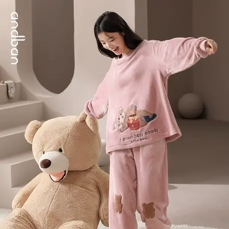 安之伴法兰绒睡衣女冬季新款可爱小熊家居服加绒加厚保暖圆领套装商品大图