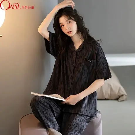 睡衣女夏季短袖长裤休闲简约宽松夏天家居服套装图片