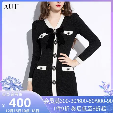 AUI黑色气质V领小香风针织连衣裙女冬2023新款名媛收腰显瘦包臀裙图片