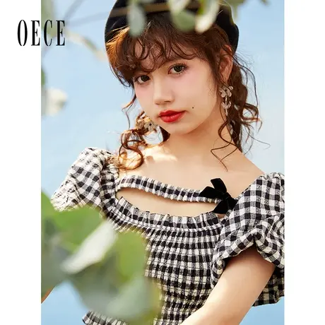 Oece复古格纹连衣裙2023春夏新款女装法式设计感小众裙子春小个子图片