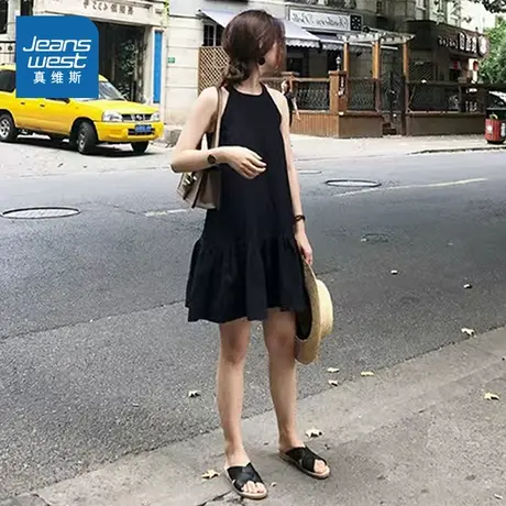 LE真维斯裙子2024夏季新款 宽松舒适女式休闲通勤黑色吊带连衣裙图片