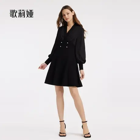 歌莉娅冬季新品毛织拼接长袖黑色连衣裙气质通勤小黑裙1ANR4G420图片