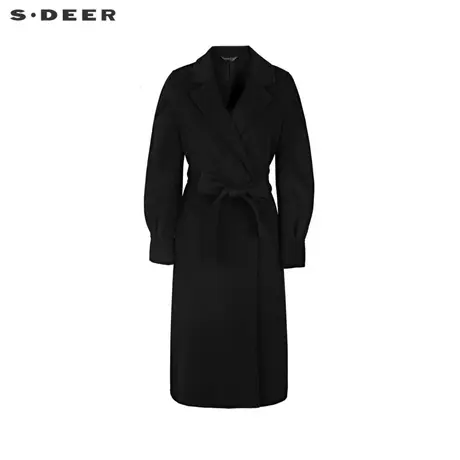sdeer圣迪奥2021冬装新品复古收腰黑色通勤长款毛呢大衣S21461815图片