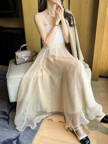 雪纺半身裙女夏2023新款纱裙大摆高腰a字伞裙高腰金丝仙女中长裙图片