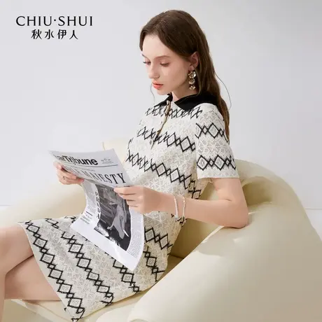 秋水伊人撞色polo领条纹连衣裙2024年夏季新款女显瘦小个子蕾丝裙图片