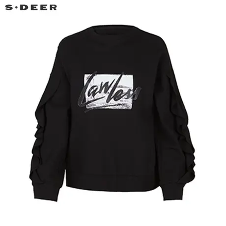 【直播间专属】sdeer圣迪奥时尚圆领印花抽褶长袖T恤S221Z0203商品大图