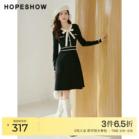 红袖outlets撞色边香风连衣裙hopeshow2022冬季款收腰飘带领裙子图片