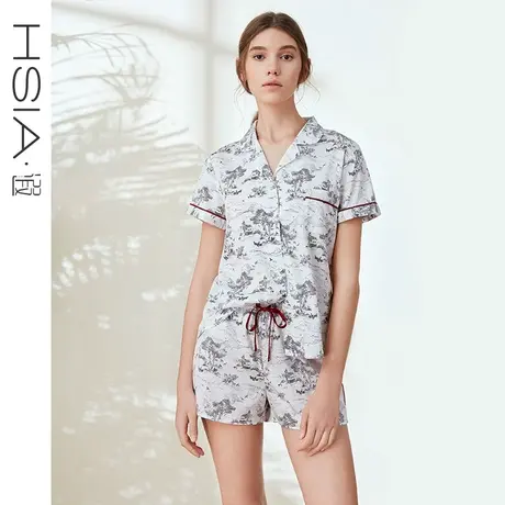 HSIA遐 夏季家居服两件套 休闲宽松衬衫领短袖短裤贡缎睡衣套装女图片