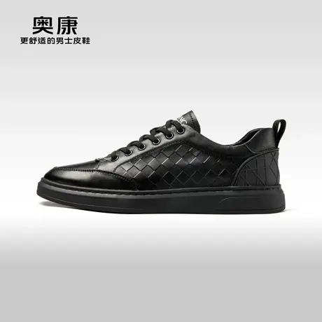 奥康男鞋春秋季青年潮流休闲板鞋男系带真皮格纹舒适运动鞋图片