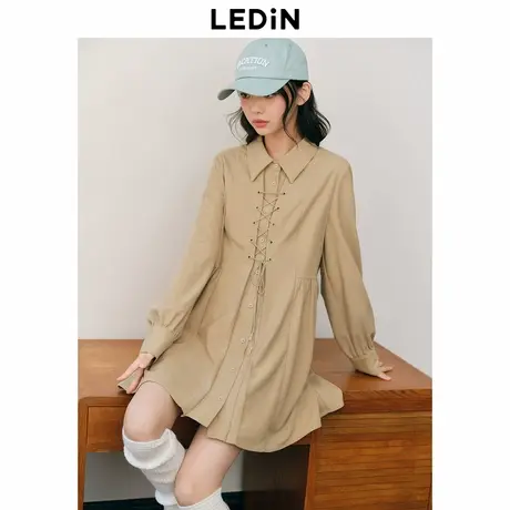 【反季清仓】乐町绑带衬衫式连衣裙秋冬灯芯绒衬衫裙美拉德连衣裙图片