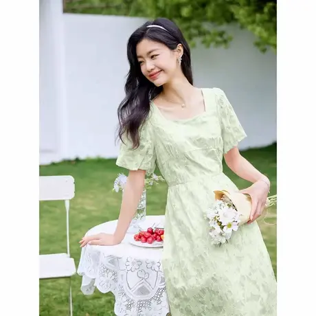 时尚气质短袖连衣裙夏季新款淑女温柔方领显瘦中长款裙子图片