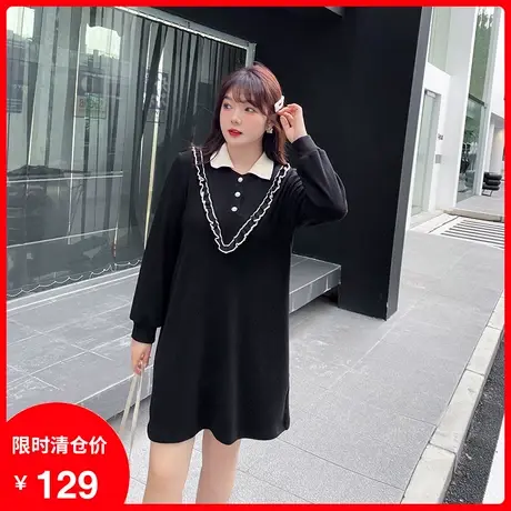 2023秋新款翻领减龄甜美气质胖MM连衣裙针织弹力显瘦大码小黑裙商品大图