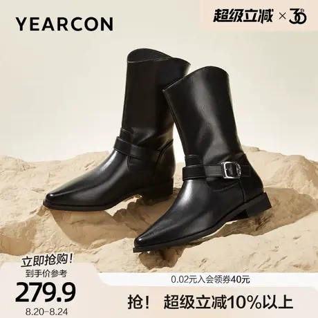 意尔康西部牛仔靴女2025秋冬低跟中筒靴尖头骑士靴V口马丁靴短靴图片