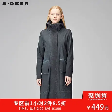 sdeer圣迪奥秋装几何口袋连帽复古做旧磨白长款风衣外套S17381840图片