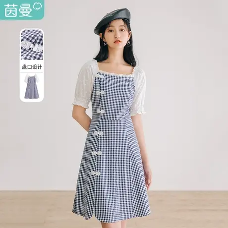 茵曼特价清仓2023春装女复古方领设计清新格纹复古盘扣短袖连衣裙图片