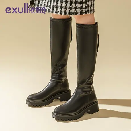 依思q靴子女2023新款长筒靴高跟增高时装黑色圆头冬季通勤女靴图片
