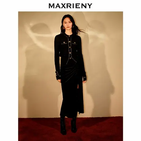 【奥莱】MAXRIENY复古感开叉丝绒半裙鱼尾抽褶包臀裙子图片