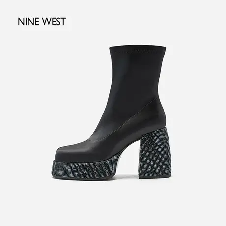 Nine West/玖熙防水台厚底酷飒短靴2023冬新款法式复古水钻高跟鞋图片