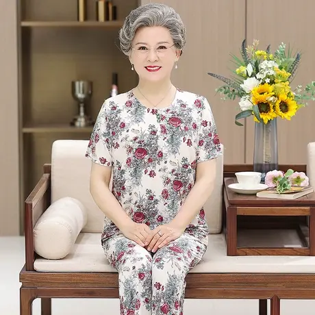 妈妈夏装冰丝套装中老年人女装薄款短袖衣服60岁70碎花上衣奶奶装商品大图