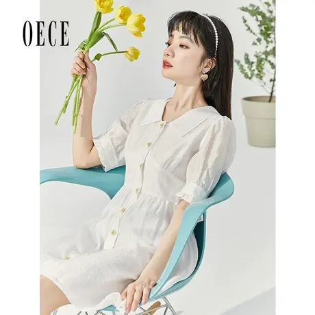 Oece法式白色连衣裙2024春夏新款女装文艺复古高腰短袖气质春裙子图片