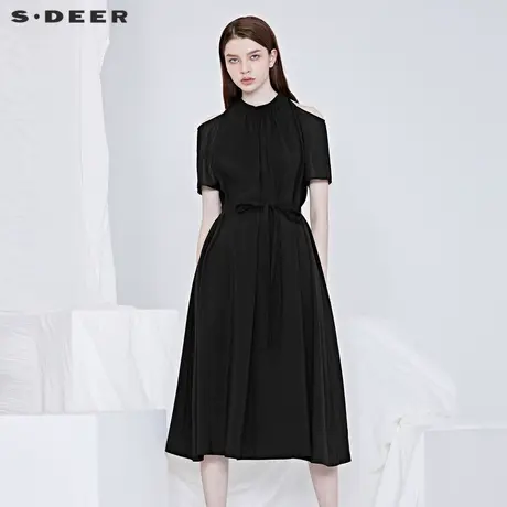 sdeer圣迪奥夏季露肩收腰复古波浪通勤OL赫本风连衣裙女S20261226图片