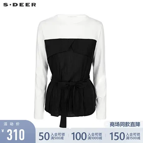 sdeer圣迪奥女22春夏新品时尚圆领黑白拼接收腰长袖T恤S221Z0205商品大图