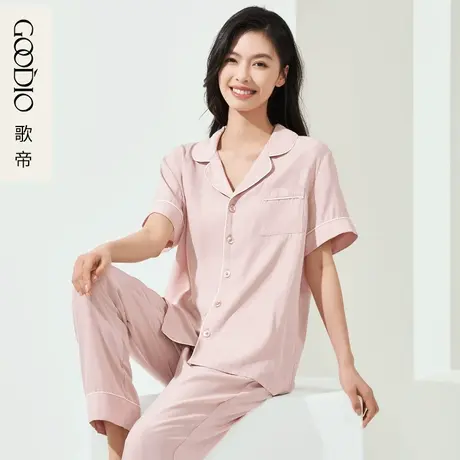 歌帝夏季女士薄款水波纹家居服女套装休闲宽松透气简约睡衣2件套图片