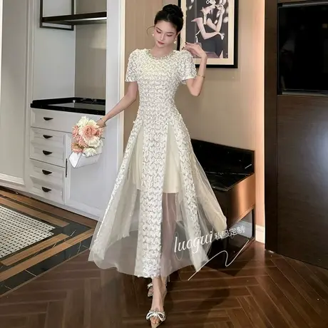 端庄优雅女神范白色蕾丝连衣裙2025新款气质名媛风轻奢显瘦公主裙图片
