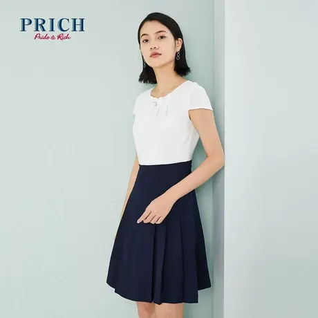 PRICH【直播专享】连衣裙短袖纯色圆领收腰显瘦职场通勤长款裙子图片