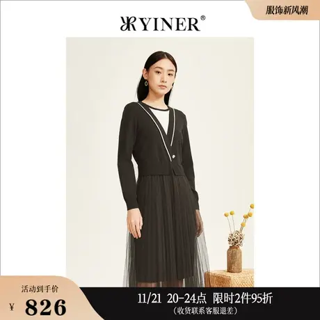 YINER音儿专选冬季时尚咖啡色收腰V领网纱连衣裙高级感图片