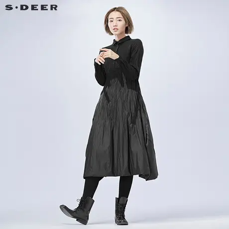 sdeer圣迪奥女装秋肌理折痕拼接半开襟中长款立领连衣裙S16481864图片
