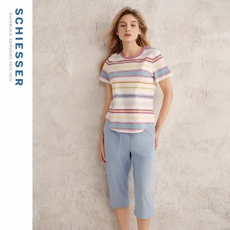 SCHIESSER舒雅25年春夏新品女士纯棉条纹印花圆领睡衣家居服套装图片