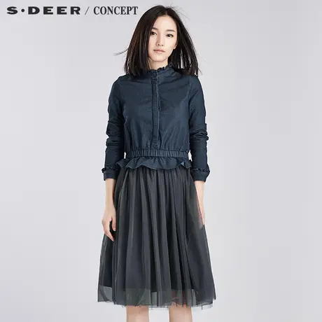 sdeer圣迪奥2017秋女装复古牛仔压边半开襟连衣裙S16381245图片