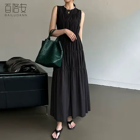 百洛安松紧收腰显瘦黑色连衣裙女2023夏新款气质圆领无袖背心长裙图片