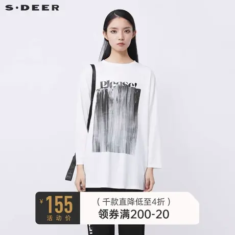 sdeer圣迪奥冬装时尚圆领字母印花长款白色T恤S21480214商品大图