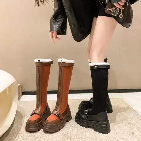 显瘦靴子女2023新款高筒小众设计感粗跟毛毛靴冬季厚底增高长筒靴图片