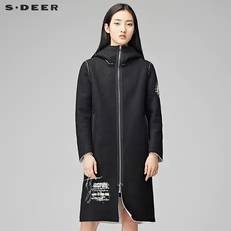 sdeer圣迪奥2018冬装撞色印花毛边连帽长款毛呢风衣外套S17481874图片