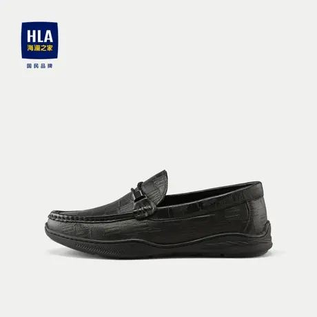 HLA/海澜之家休闲鞋2024新款圆头黑色格纹时尚羊皮质感透气男鞋图片