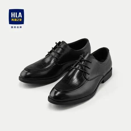 HLA/海澜之家质感牛皮正装皮鞋2024新款抽绳系带圆头格纹鞋子男图片