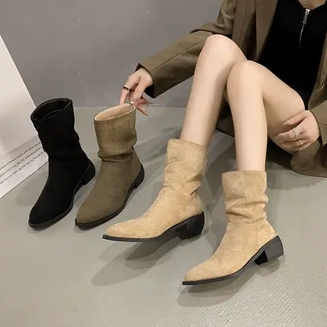 马丁靴女2023年春秋季新款网红超火英伦风西部牛仔靴粗跟尖头短靴商品大图