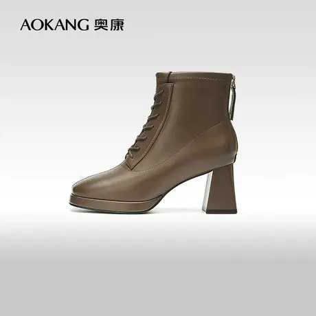 【门店发货】奥康女鞋 冬季新款高跟短靴粗跟配裙子瘦瘦靴商品大图