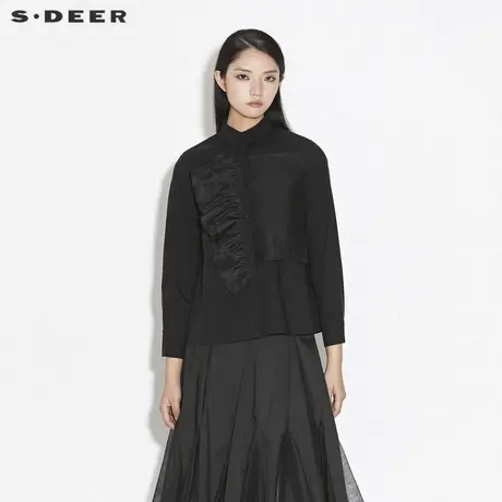 sdeer圣迪奥女装春秋装时尚翻领雪纺拼接黑色长袖衬衫S21380505商品大图