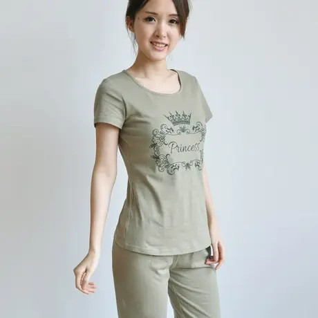 带胸垫短袖睡衣套装 女士夏季棉七分裤印花免穿文胸家居服图片