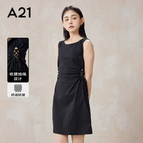 A21女装圆领窄肩无袖梭织连衣裙夏季纯色显瘦休闲裙子图片