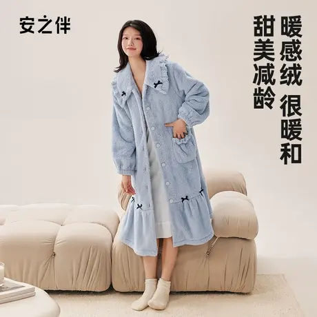 安之伴睡袍女士秋冬季珊瑚绒加绒加厚冬款保暖浴袍睡衣中长款睡裙图片