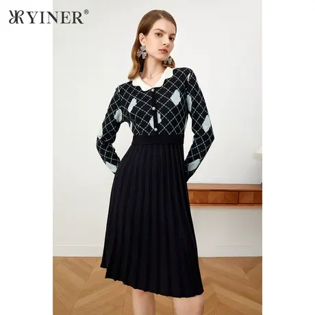 YINER音儿商场同款女装2021冬新款菱格纹拼接百褶针织连衣裙图片