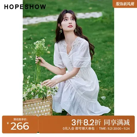 红袖outlets花边连衣裙hopeshow2023夏季新款女泡泡袖收腰雪纺裙图片