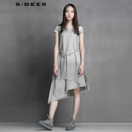 sdeer圣迪奥女层次内敛灰调叶脉印花珠绣连衣裙S15281235图片